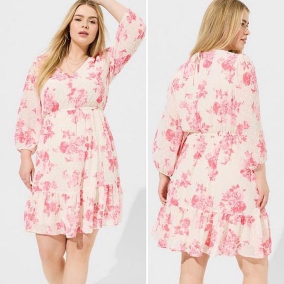 Torrid Cream and Pink Floral Mini Clipdot Mini Babydoll Dress Size 3 - Picture 2 of 6